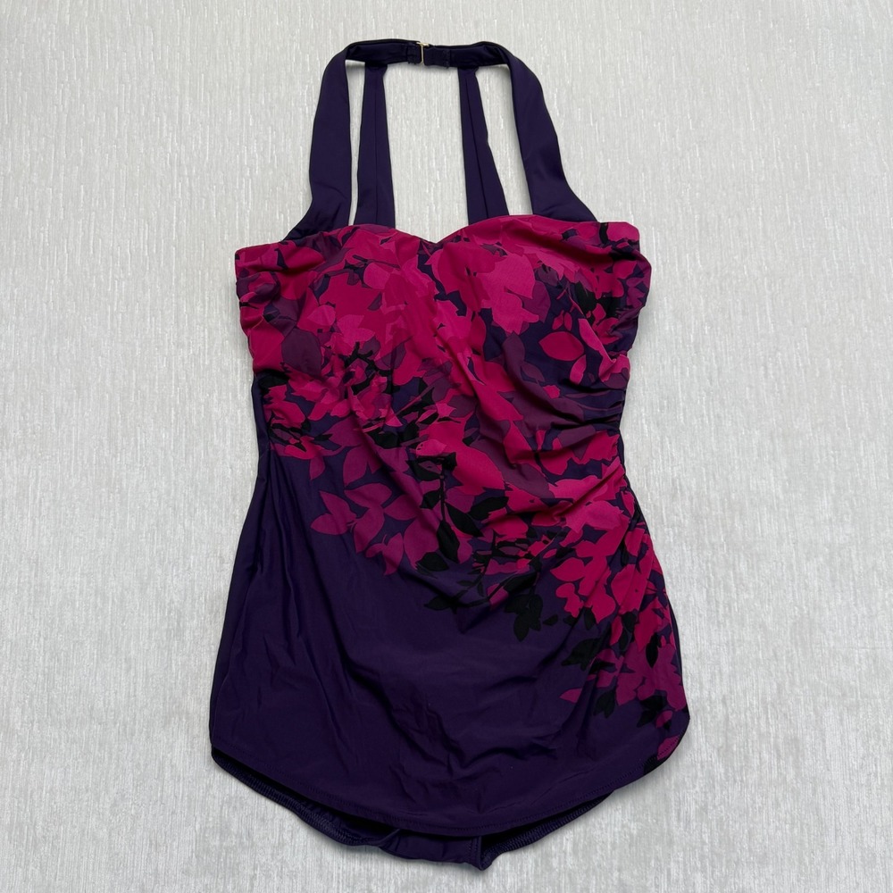 Lands' End Floral Swimsuit Halter One Piece Womens 8 Purple Pink Padded Slimming